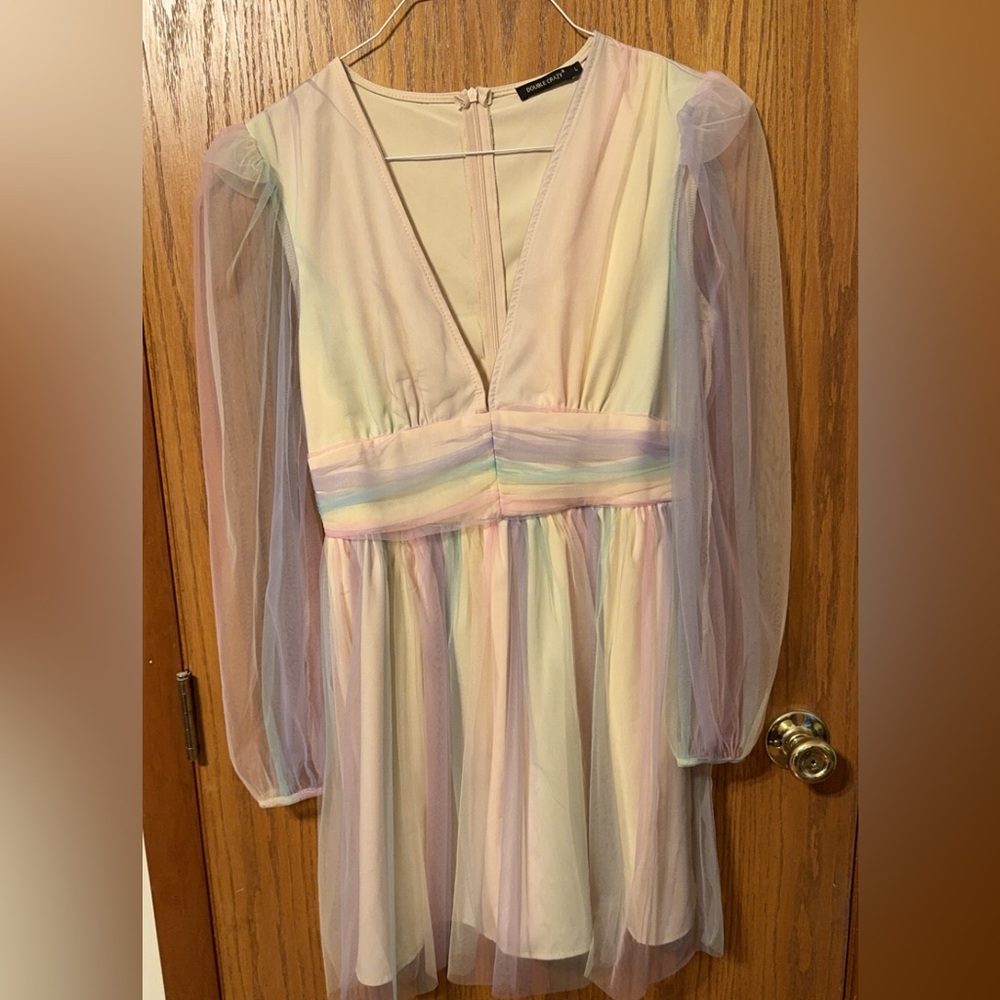 Rainbow Tulle Dress with Sheer Sleeves